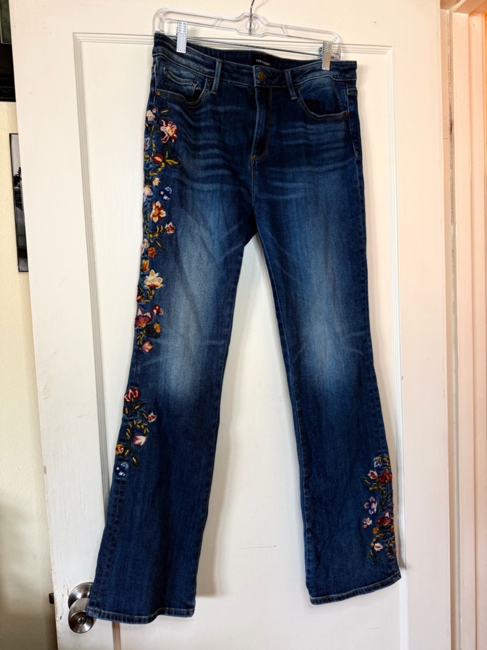 Driftwood Dark Blue Embroidered Floral Appliqué Jeans Denim Bootcut Flare - Picture 2 of 14